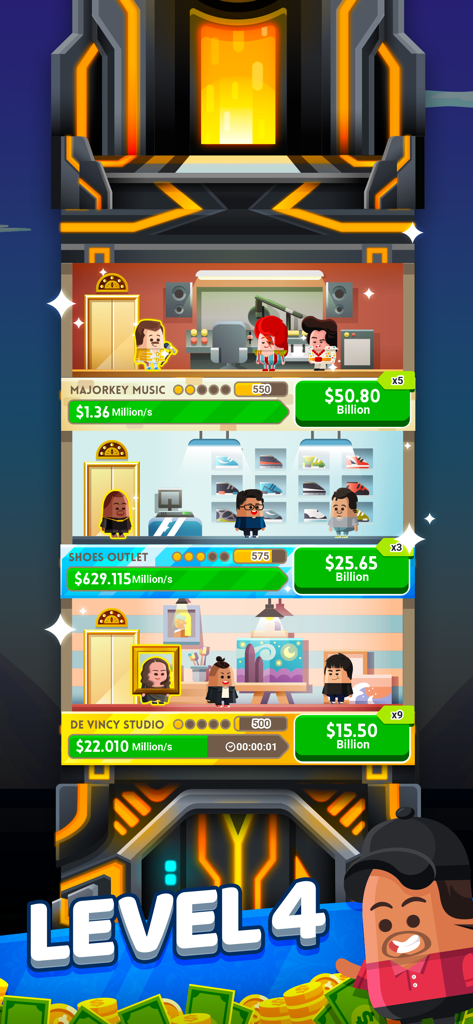 A screenshot of the Cash, Inc. game showing a multi-story business tower with different shops and characters.