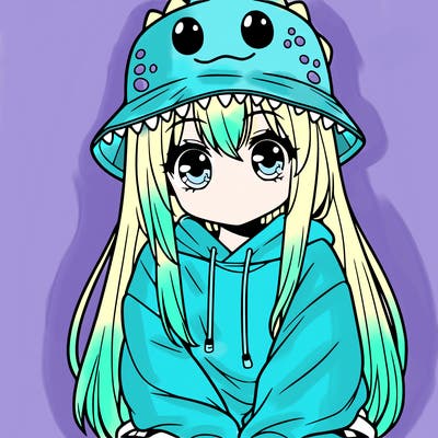 girl with anime shaped eyes with a dinosaur bucket hat oversized sweatshirt long straight hair