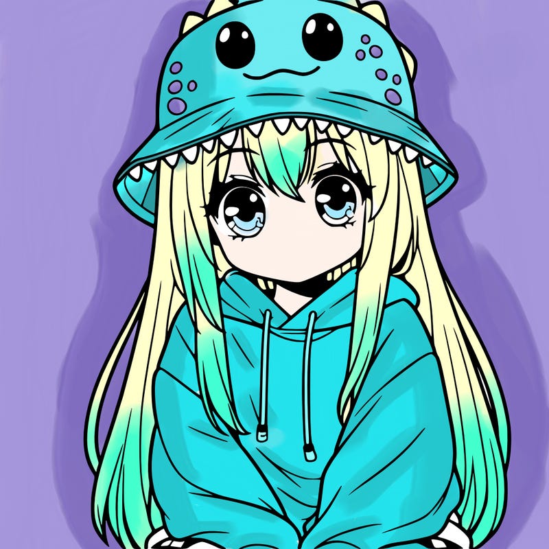 girl with anime shaped eyes with a dinosaur bucket hat oversized sweatshirt long straight hair
