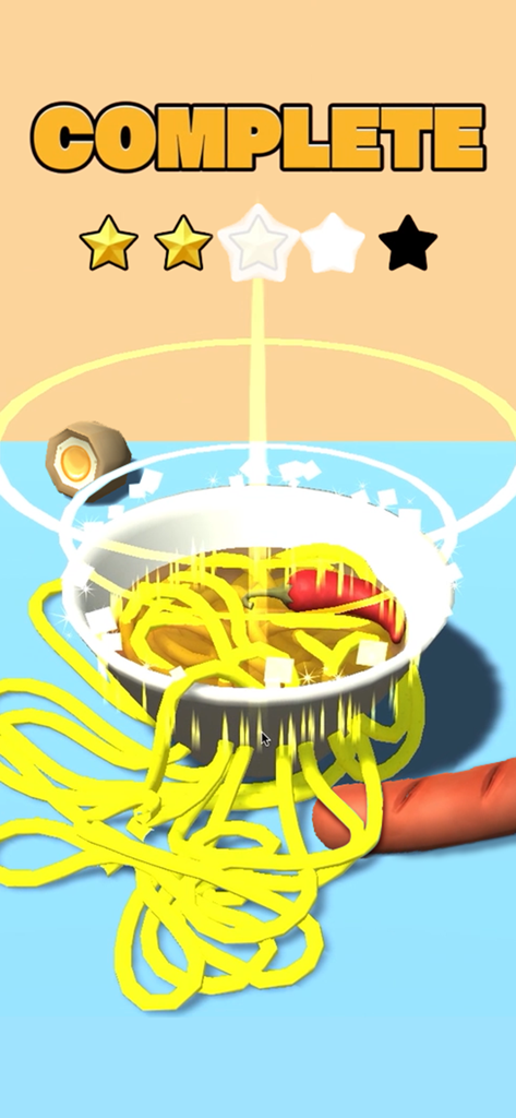 Noodle Master - ヌードルマスターゲームで、黄色い麺と唐辛子が入った完成したラーメン丼