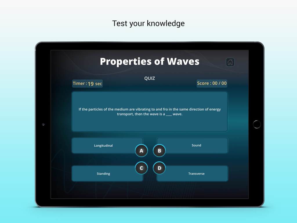 Properties Of Waves - An interactive physics quiz screen on an iPad about wave properties.