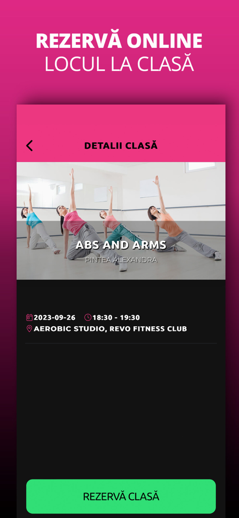 REVO Fitness Club mobile app screen showing class details for an Abs and Arms workout and a booking button