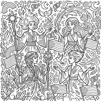Journey into a realm where elemental power meets vibrant diversity with this captivating coloring page. Celebrate Pride Month by bringing to life four majestic witches, each embodying an element, surrounded by symbols of love and community.