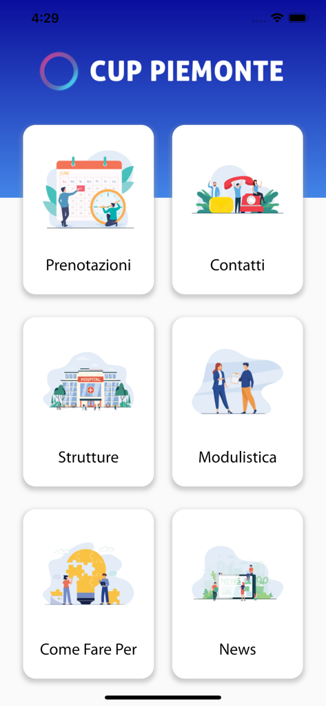 CUP Piemonte app dashboard with icons for health services