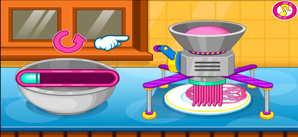Cooking Games Baking Lasagna - A cartoon pasta maker machine extruding pink noodles onto a plate in a kitchen setting