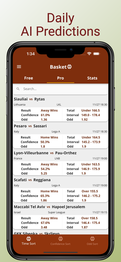 Smartphone-Bildschirm mit KI-Basketball-Wettvorhersagen und Spielquoten