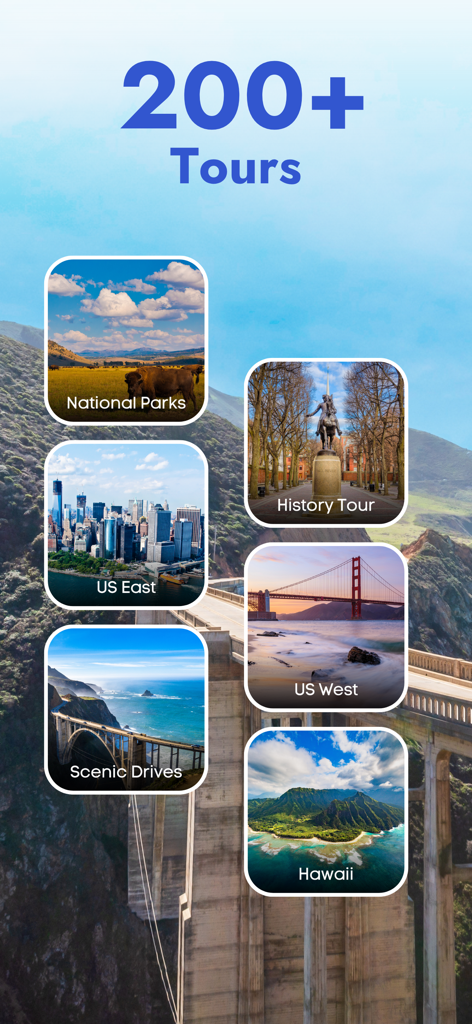 App screen showcasing over 200 tour options including National Parks, Scenic Drives, and US West destinations