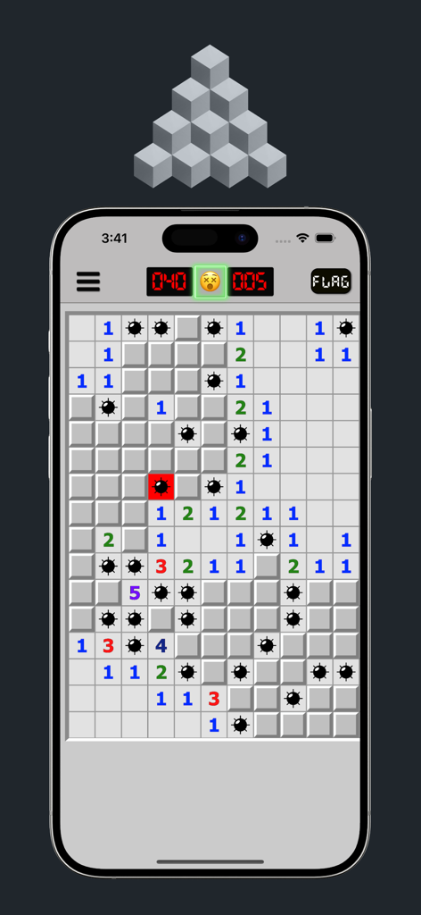 ■ Minesweeper - Classic Minesweeper game displayed on a smartphone with a grid of numbers and revealed mines
