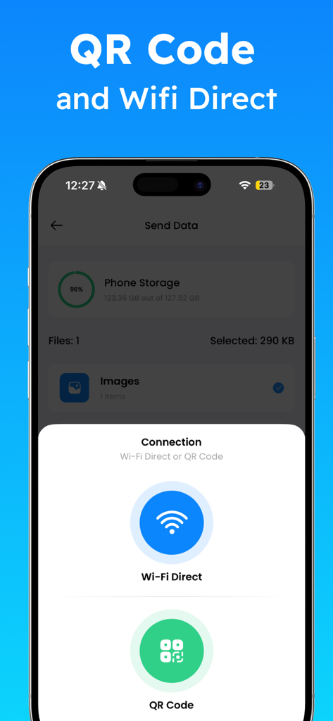 Share Go Mobile Data Transfer - Interfaz de la aplicación Share Go que muestra opciones de Wi-Fi Direct y código QR para transferencia de datos inalámbrica