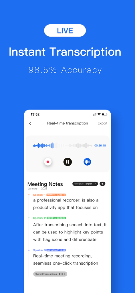 Speech To Text: Transcription - Instant transcription interface with real-time meeting notes and speaker identification