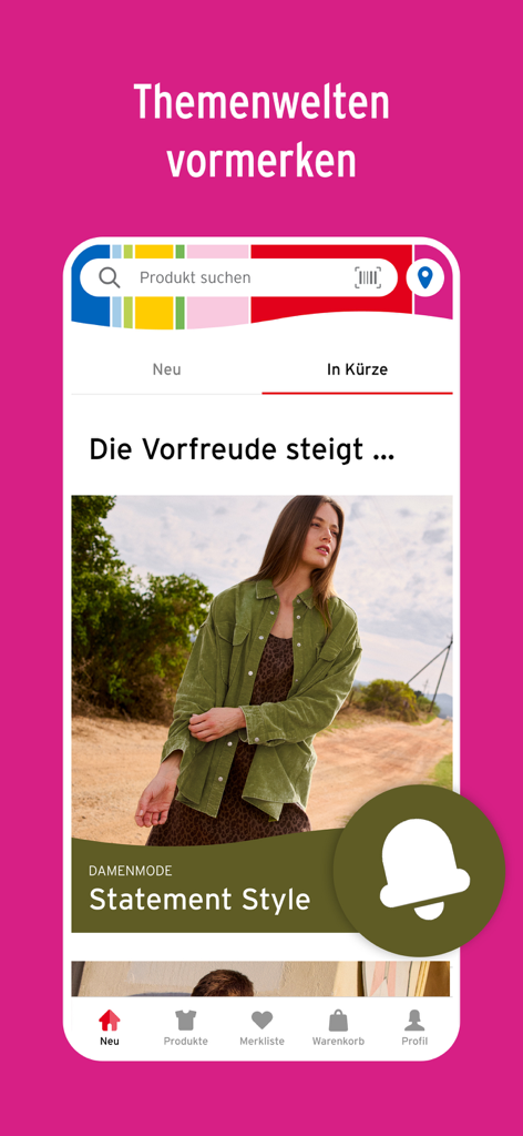 Mobile App-Oberfläche von Ernsting's family mit einer Vorschau auf eine Damenmodekollektion und einer Benachrichtigungsglocke