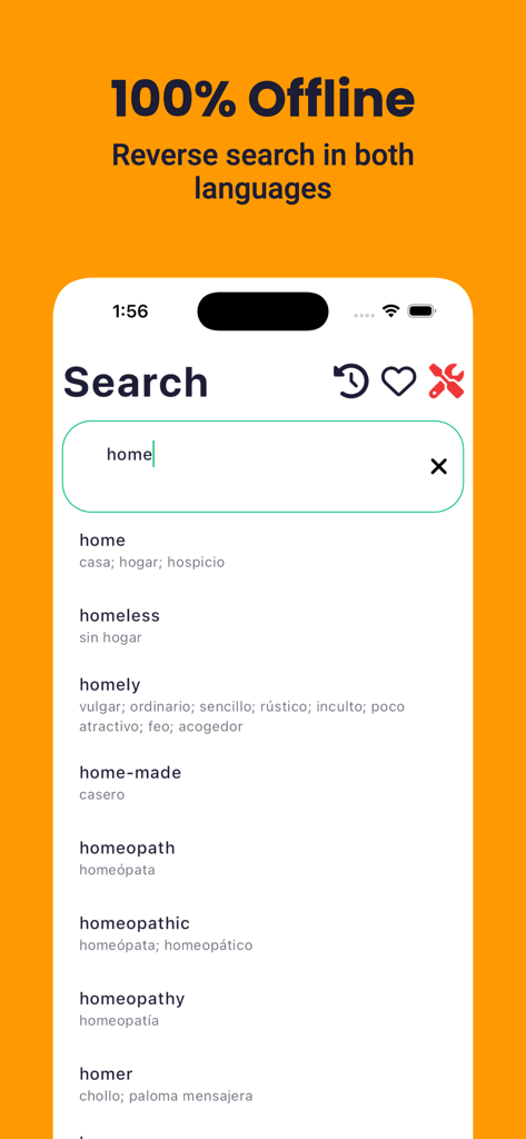 Spanish English Dictionary + - Spanish English dictionary search interface showing translation results for the word home and offline search capability