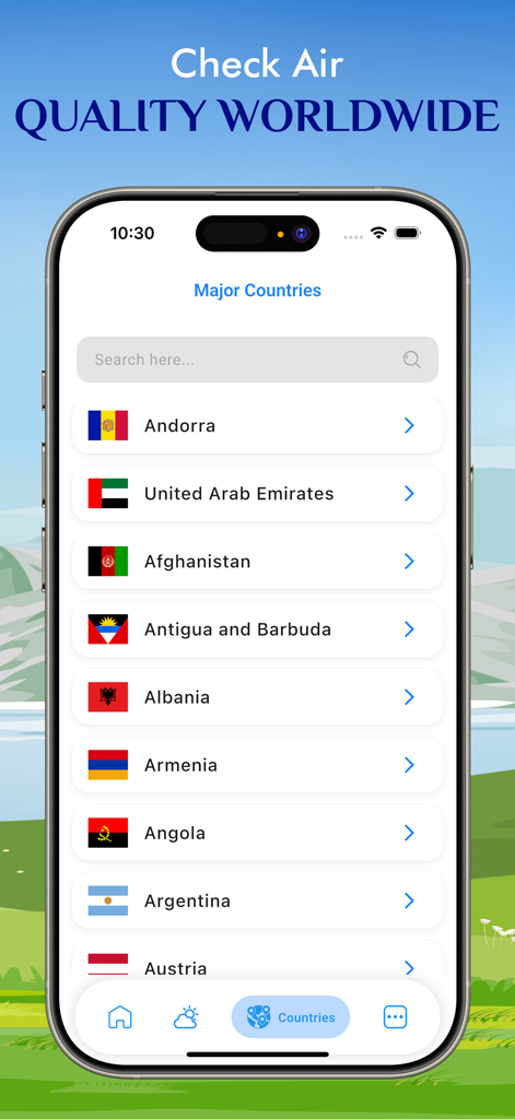 Pantalla de la aplicación del Índice de Calidad del Aire que muestra una lista de los principales países con banderas para verificar los niveles de contaminación en todo el mundo.