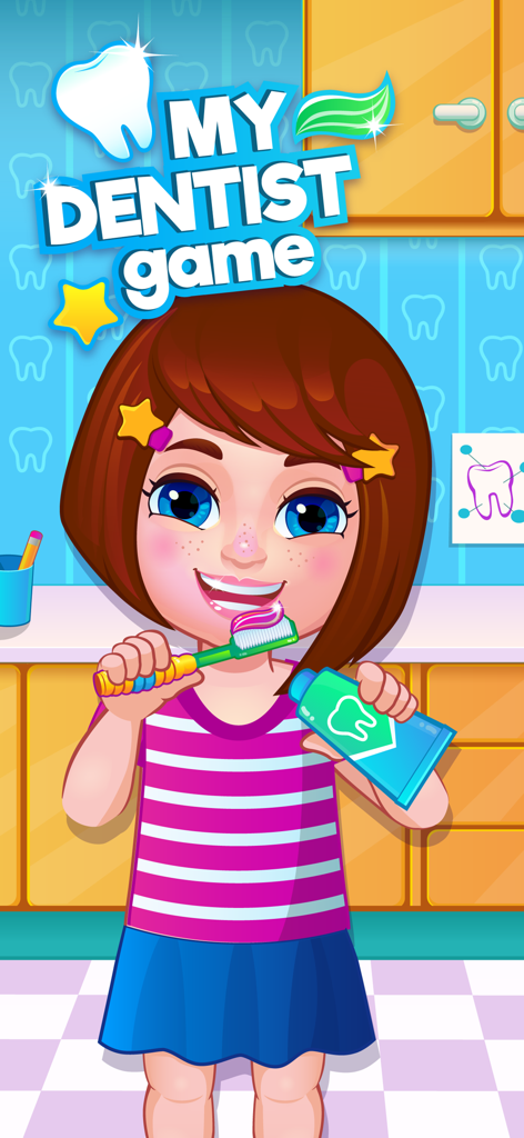 A cartoon girl using a toothbrush and toothpaste in My Dentist Games