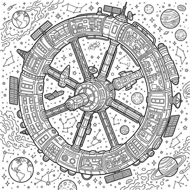 Dive into the future of space travel with this incredibly detailed artificial gravity station coloring page. Perfect for sci-fi enthusiasts, it offers an exciting glimpse into engineered space habitats and cosmic exploration.