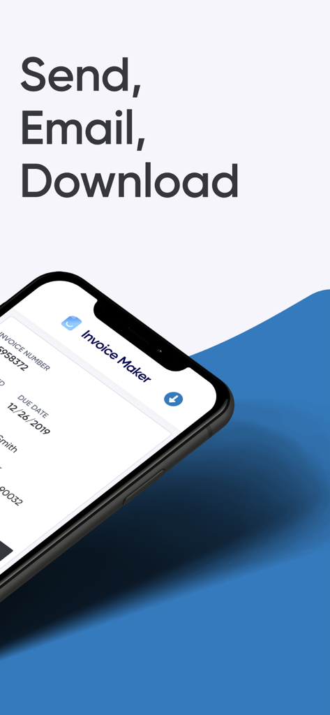 Invoice Maker | Generator - Tela de smartphone mostrando o aplicativo Criador de Faturas com opções para enviar e-mail e baixar faturas profissionais.