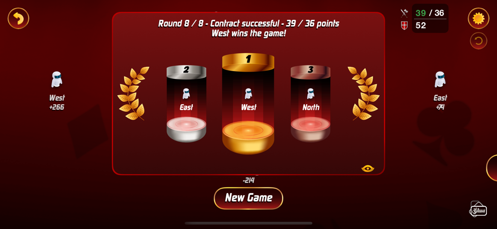 1위, 2위, 3위 연단에 있는 우승자를 보여주는 SHUA Jeu de Tarot 결과 화면