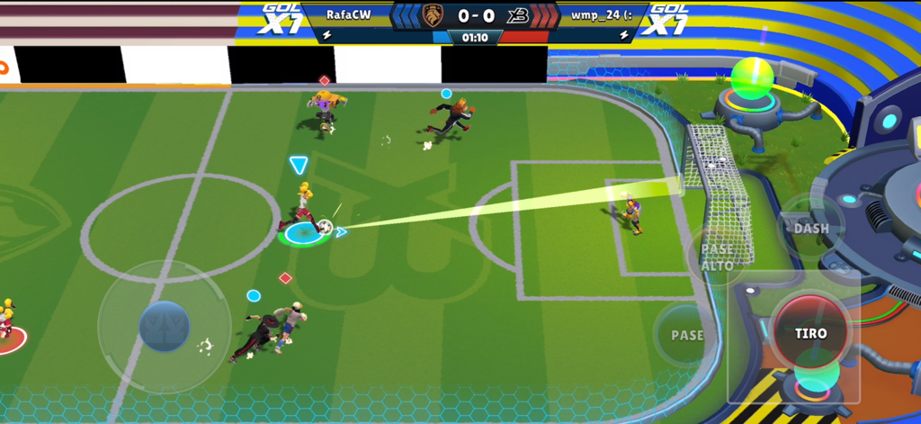 Kings League Clash of Captains - In-game screenshot of Kings League Clash of Captains showing a soccer player aiming a shot at the goal with on-screen controls
