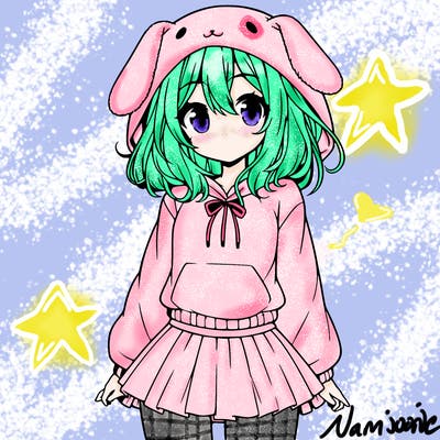 pretty anime girl wearing a fluffy hoodie with bunny ears on the hood and a skirt