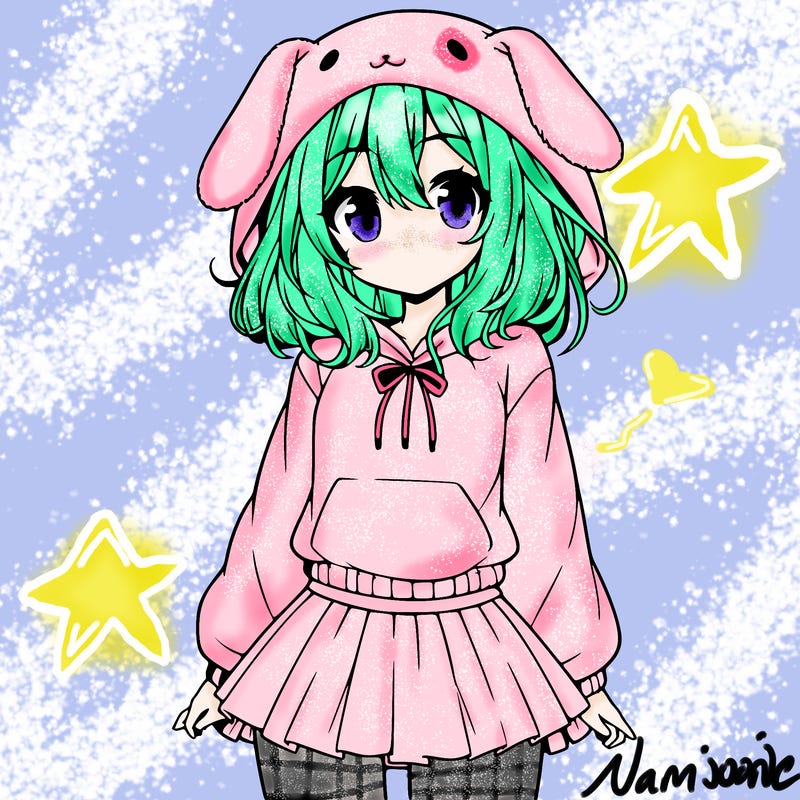 pretty anime girl wearing a fluffy hoodie with bunny ears on the hood and a skirt