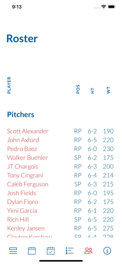 Go Sports News - Pantalla de lista de la aplicación Go Sports News que muestra una lista de lanzadores de béisbol con sus posiciones y estadísticas físicas