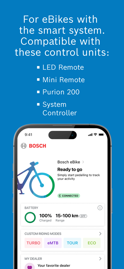 Bosch eBike Flow App Dashboard mit Akkustatus und individuellen Fahrmodi