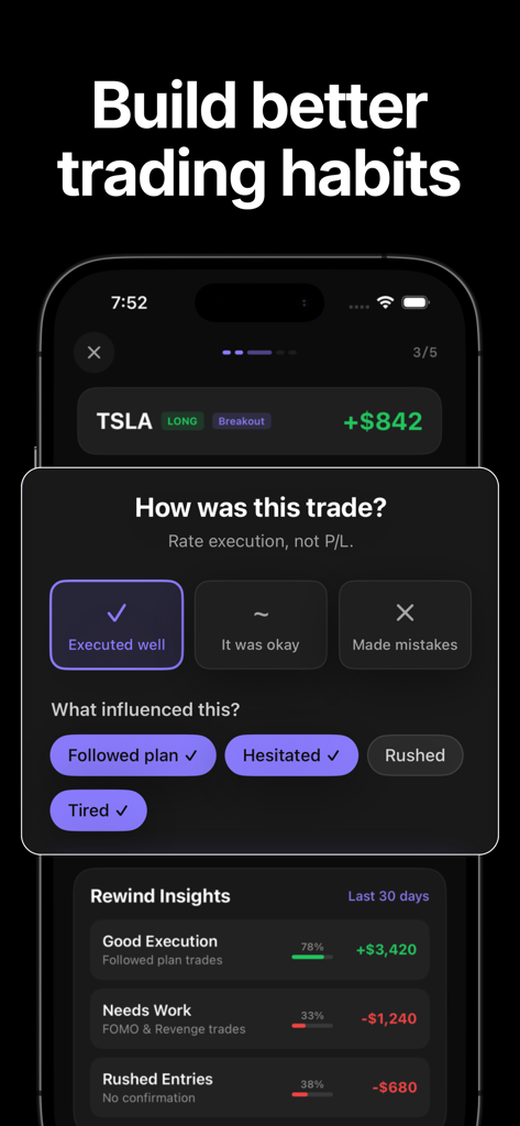 Trading Journal: Astro Trade - Astro Trade mobile app interface showing a trade review screen with execution ratings and performance insights