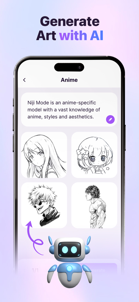 AR Drawing: Simply Draw Sketch - Pantalla de iPhone mostrando bocetos de anime generados por IA en la app AR Drawing