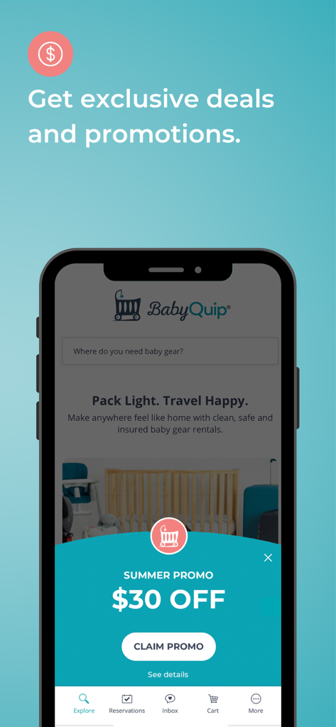 BabyQuip - Baby Gear Rentals - BabyQuipアプリの画面。ベビー用品レンタルに対する30ドルのサマー割引オファーが表示されています。