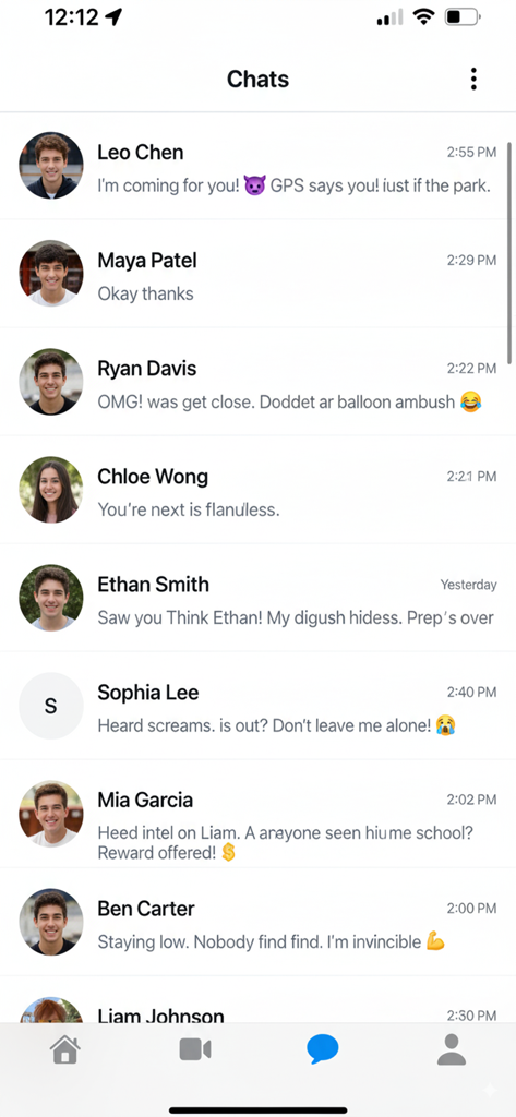 Senior Assassin - HuntinHuntin - Pantalla de chat de la aplicación HuntinHuntin mostrando mensajes de jugadores sobre el progreso de su juego y estrategias.