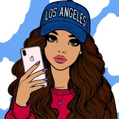 realistic beautiful girl wearing los ángeles cap holding an iphone