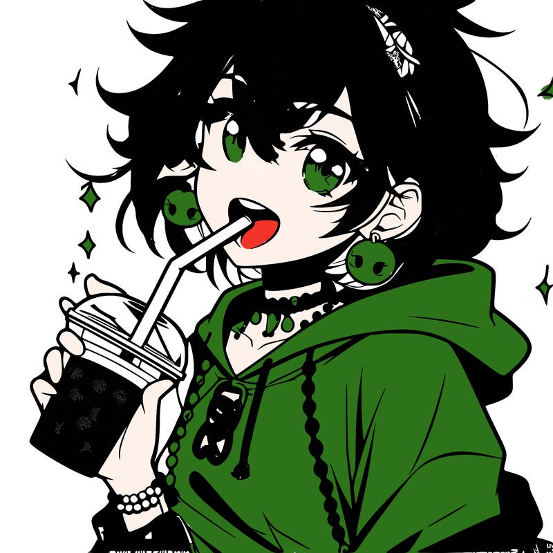 hot baddie anime girl drinking boba and biting the straw