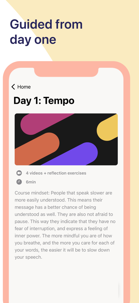 Astound app interface showing a guided voice lesson for day one about speaking tempo