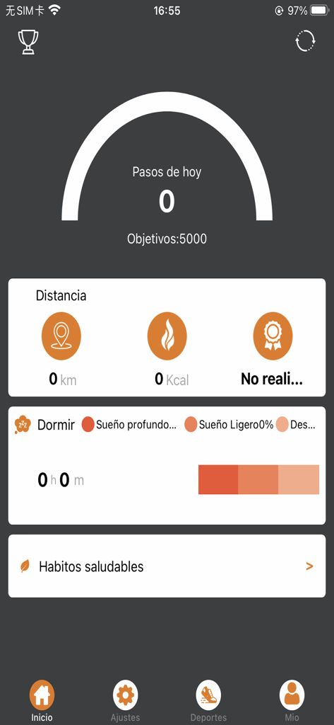 INNOVA S-BANDS - Pantalla de inicio de la aplicación móvil INNOVA S-BANDS que muestra un contador de pasos, distancia de actividad, calorías y seguimiento del sueño en español