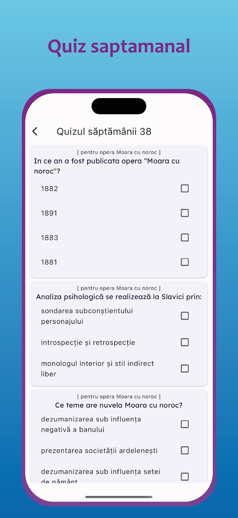 Mobile screen showing a weekly interactive quiz for the Romanian Baccalaureate exam
