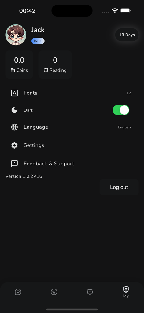 Comiga - Comiga app user profile screen showing account settings and dark mode toggle