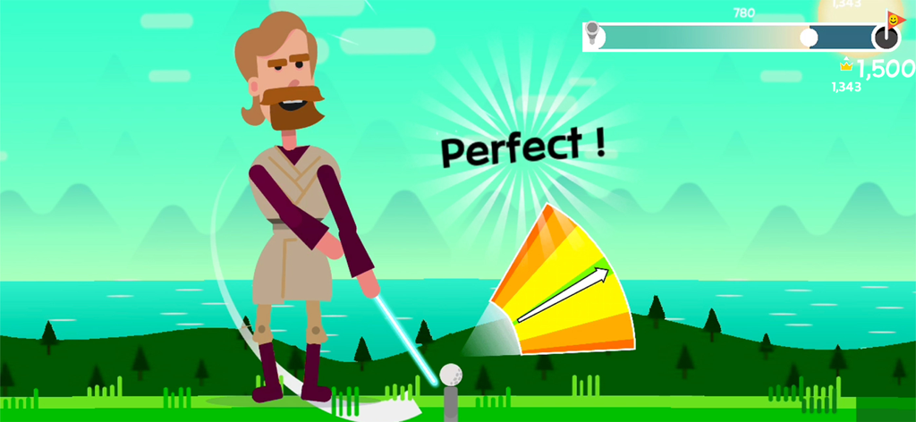 Un personaggio in Golf Orbit che realizza un colpo perfetto con l'indicatore di tempismo.