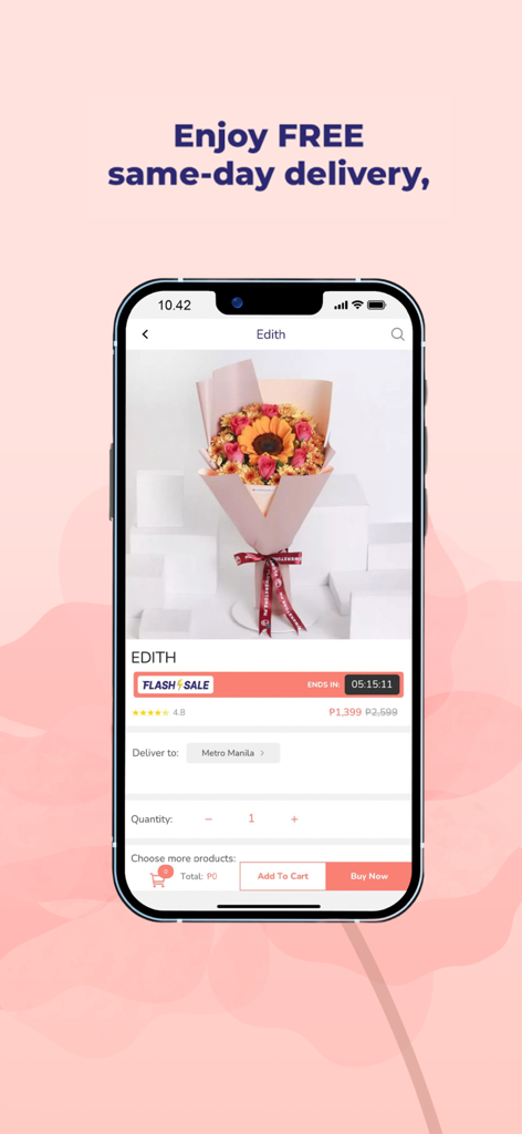FlowerStore.ph Flowers & gifts - FlowerStore.ph mobile app interface showing a flower bouquet with a free same-day delivery promotion.