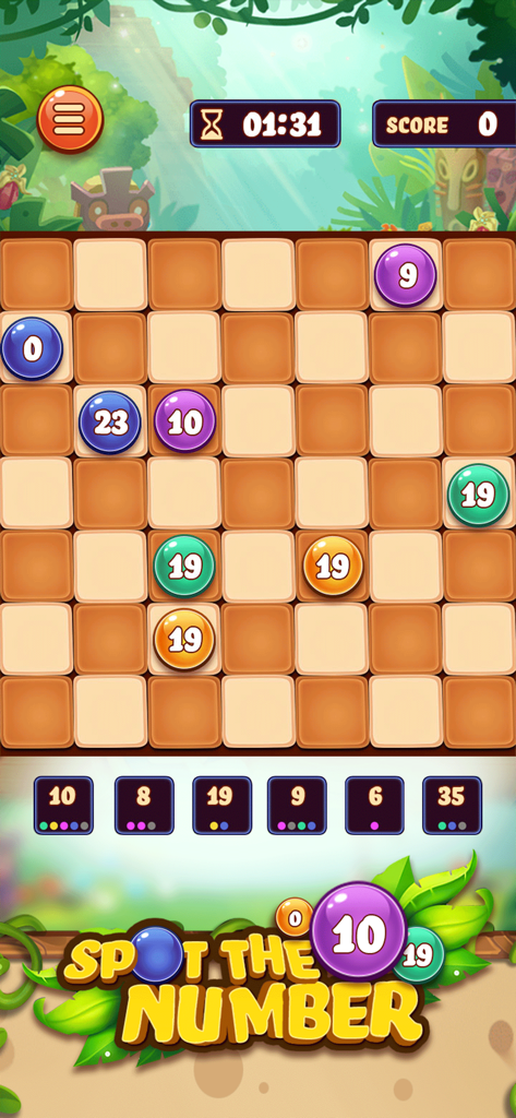 Offline GameHub: No Wifi Games - Juego de puzzles Spot the Number en Offline GameHub mostrando una cuadrícula numerada y temática de la jungla.