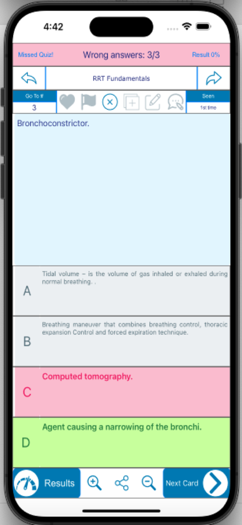 Una interfaz de cuestionario de opción múltiple de la aplicación Respiratory Therapist Exam RRT que muestra una pregunta sobre broncoconstricción con respuestas correctas e incorrectas resaltadas.