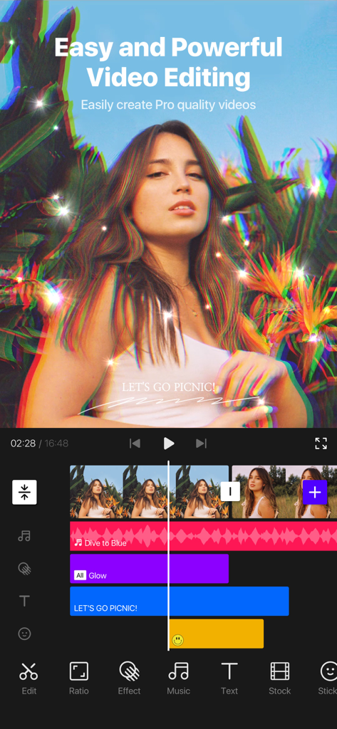 Interface do editor de vídeo móvel VITA mostrando uma linha do tempo de várias faixas com efeitos estéticos e música