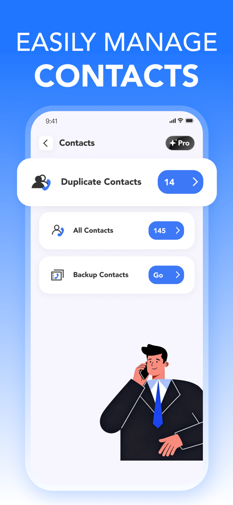 Smartphone screen showing the contact management interface of Clean Storage Pro with options to merge duplicate contacts and backup address book.