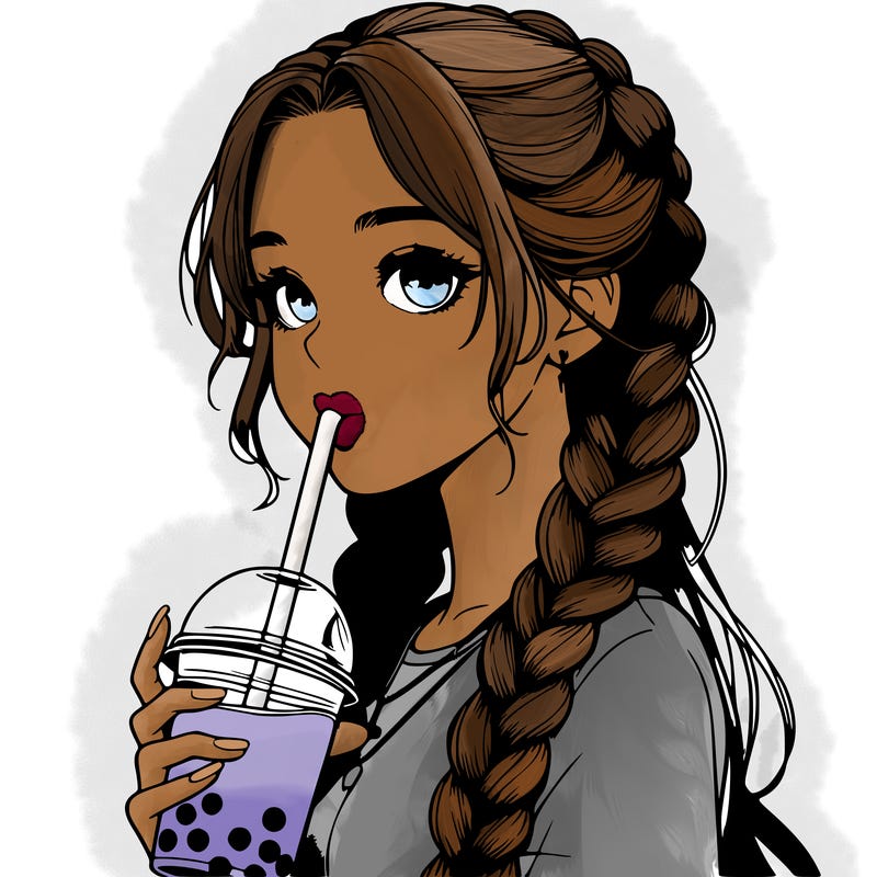 realistic girl with braided hair drinking boba