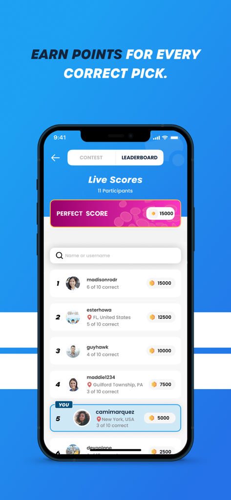AngelFire Games mobile app leaderboard showing player rankings and points earned from sports predictions