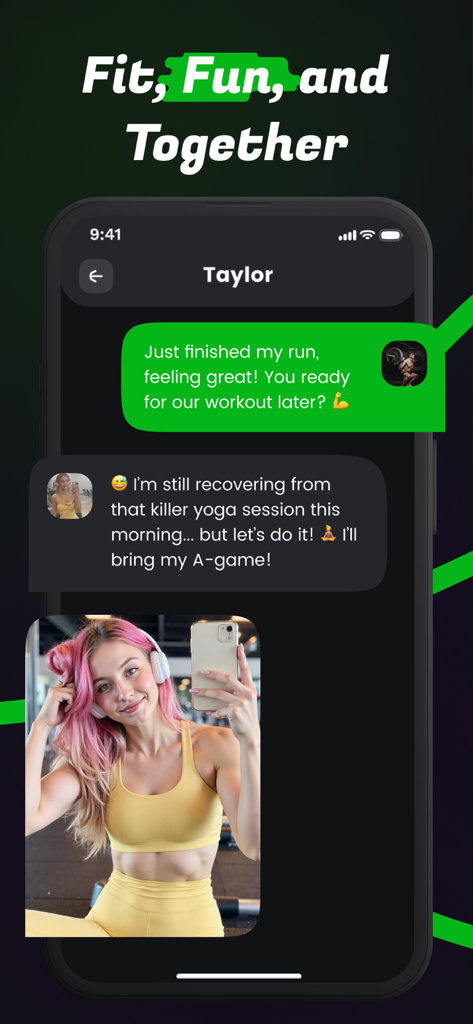 A mobile app screen showing a chat between two fitness enthusiasts planning their next workout