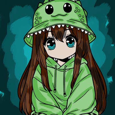 girl with anime shaped eyes with a dinosaur bucket hat oversized sweatshirt long straight hair