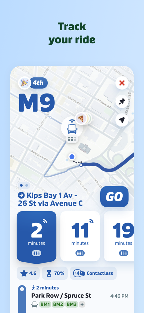 Interface de l'application Transit montrant le suivi en temps réel du bus M9 avec une carte en direct et les temps d'arrivée en compte à rebours