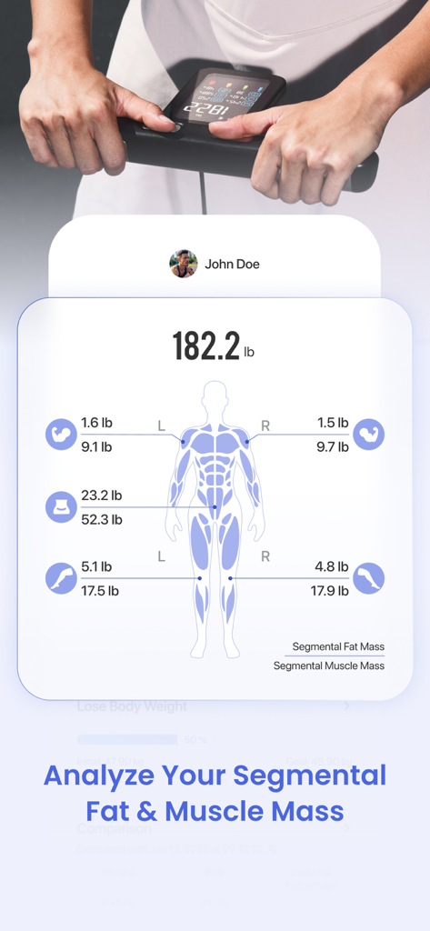 RENPHO Health - RENPHO Health app displaying segmental fat and muscle mass metrics on a human body diagram