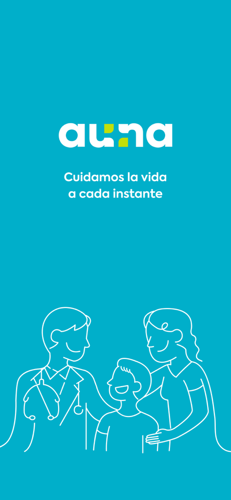 Auna - Auna app splash screen featuring the brand logo and a medical illustration of a doctor with a family