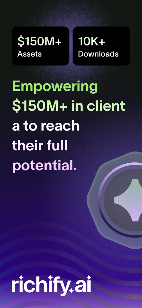 Richify AI Finance Coach app screen displaying over 150 million dollars in assets and 10 thousand downloads